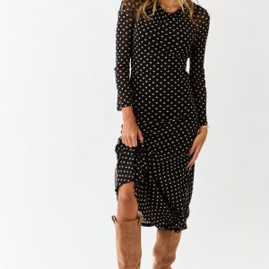Black Polka Dot Long Sleeve Mesh Midi Dress