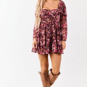 Chocolate Floral Print Tiered Long Sleeve Mini Dress