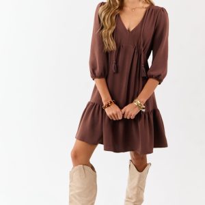 Chocolate Tassel Tie V-Neck Puff Sleeve Mini Dress