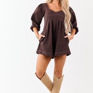 Cocoa Puff Sleeve Contrast Stitch Denim Romper
