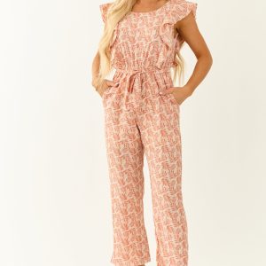 Coral and White Floral Print Ruffle Sleeve Jumpsuit