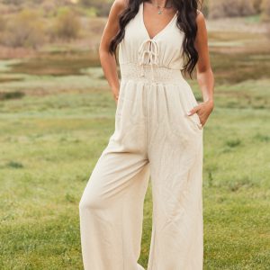 Cream Linen Tie Front Smocked Wide Leg Jumpsuit