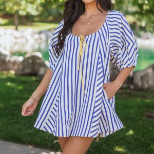 Cream and Cobalt Striped Bubble Sleeve Relaxed Romper