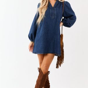Flying Tomato Dark Wash Denim Long Sleeve Mini Dress