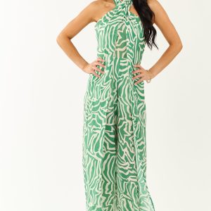 Jade Abstract Convertible Halter Wide Leg Jumpsuit