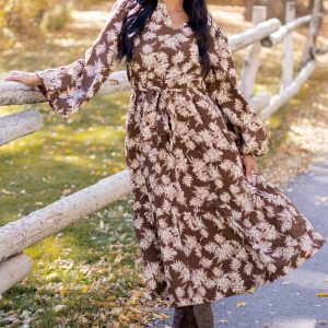 Light Cocoa Floral Waist Tie V-Neck Midi Dress