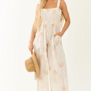 Off White Palm Tree Embroidery Smocked Jumpsuit