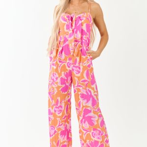 Papaya Beachy Print Sleeveless Front Tie Jumpsuit