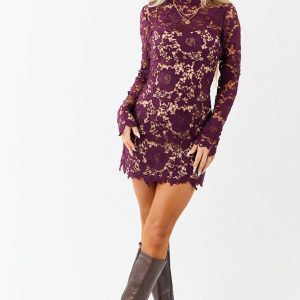 Plum Open Crochet Floral Lace Mock Neck Mini Dress