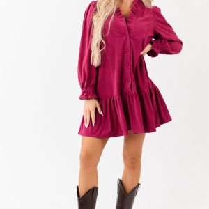 Raspberry Corduroy Button Down Ruffle Mini Dress