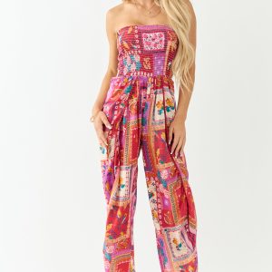 Ruby Abstract Print Strapless Side Slit Jumpsuit